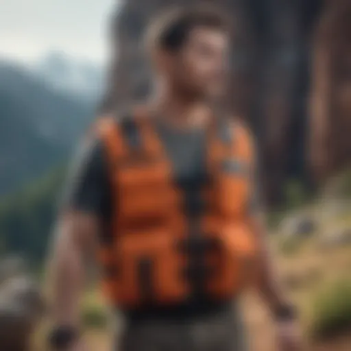 A stylish utility vest displayed against a rugged outdoor backdrop