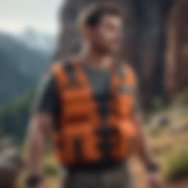 A stylish utility vest displayed against a rugged outdoor backdrop