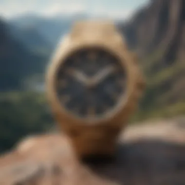 The Nixon Gold Watch showcased against a rugged mountain backdrop.