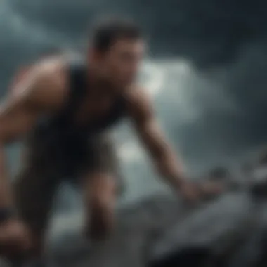 Close-up of a climber against a backdrop of dark thunderclouds