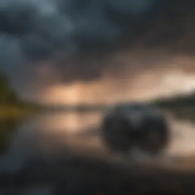 Thunderstorm reflection on a calm lake during a sporting event