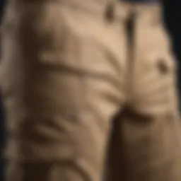 A close-up of sand cargo pants showcasing their durable stitching and pockets.