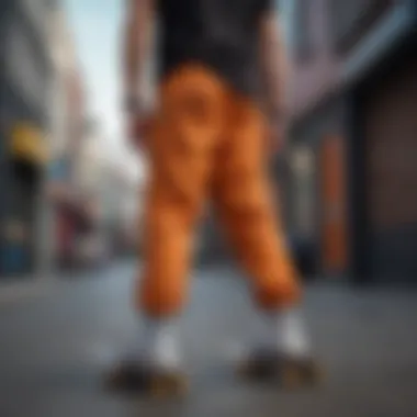 Different styles of skate pants displayed in a vibrant urban setting.