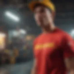 Dynamic display of red and yellow graphic tee in an extreme sports setting