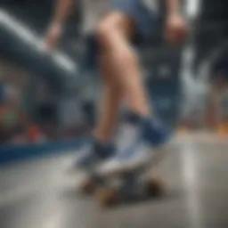 Dynamic athlete showcasing navy and white shoes during a high-energy skateboarding session.