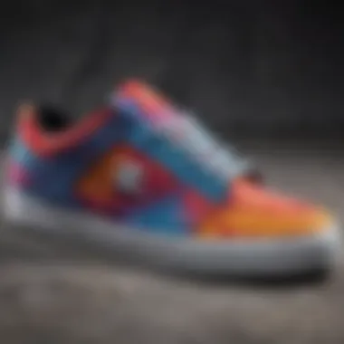 A close-up of vibrant tie dye patterns on DC shoes showcasing dynamic colors