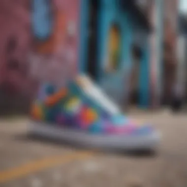 A tie dye DC shoe displayed against a backdrop of a vibrant urban street art scene