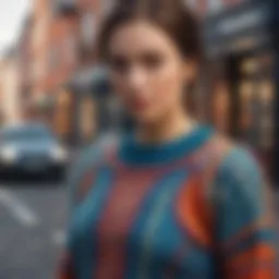 A stylish woman showcasing a colorful knitted sweater in an urban setting