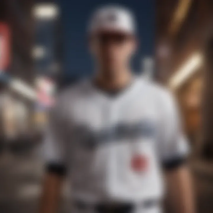 A white baseball jersey worn in a modern urban setting