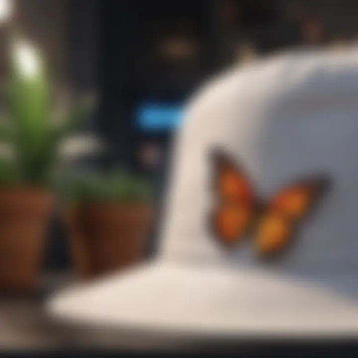 Close-up of butterfly motif on bucket hat