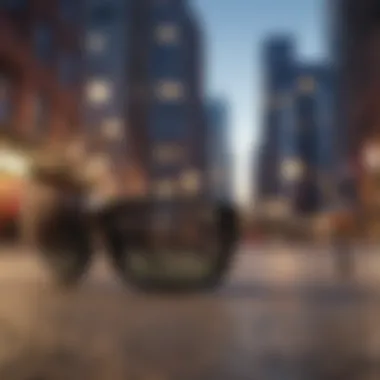 Stylish spy sunglasses displayed against a backdrop of urban life.