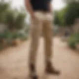 Beige cargo pants styled with a casual ensemble in an outdoor setting