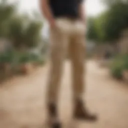 Beige cargo pants styled with a casual ensemble in an outdoor setting