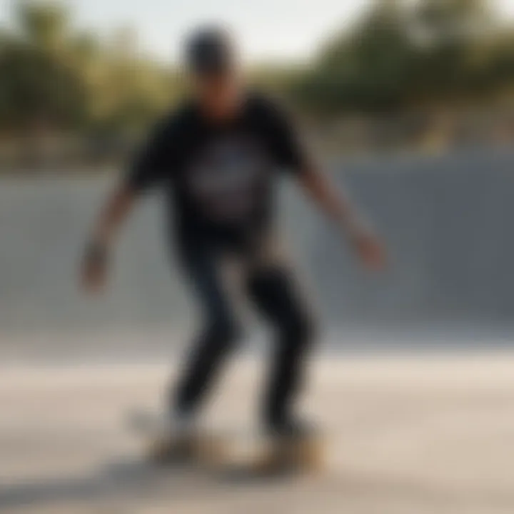 Skateboarder wearing a black Santa Cruz shirt during a trick at a skatepark