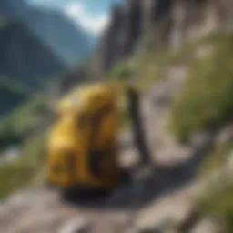 Vibrant yellow backpack on a rocky mountain trail
