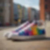 Vibrant tie dye Chuck Taylors showcased in an urban skate park setting