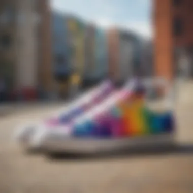Urban Vibes: Tie Dye Chuck Taylors in Action Vibrant tie dye Chuck Taylors showcased in an urban skate park setting