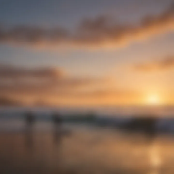 Surfers enjoying the sunset after a day on the waves at Todos Santos, emphasizing the connection between nature and surfing.