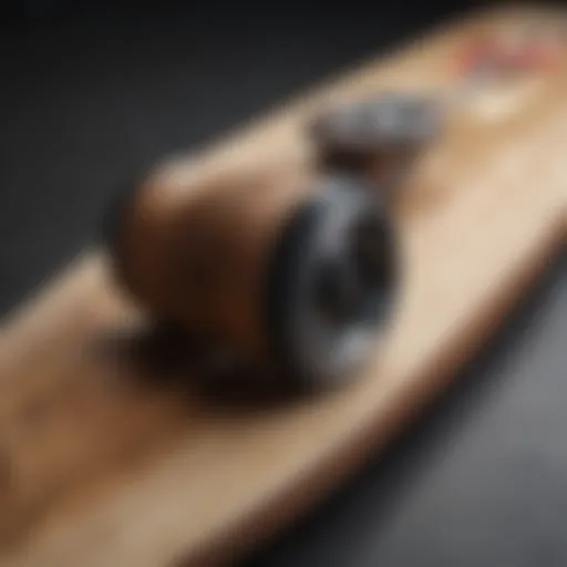 Close-up view of a carving longboard showcasing the unique design and materials.