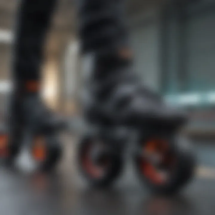 Close-up view of high-performance roller blades showcasing advanced wheel technology.