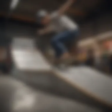 A skater performing tricks on a garage mini ramp, illustrating functionality and skill.