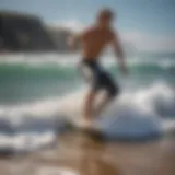 Illustration of a surfer demonstrating the goofy foot stance on a wave.