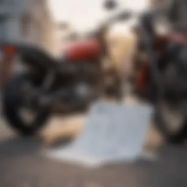 Close-up view of a motorcycle with insurance documents beside it.