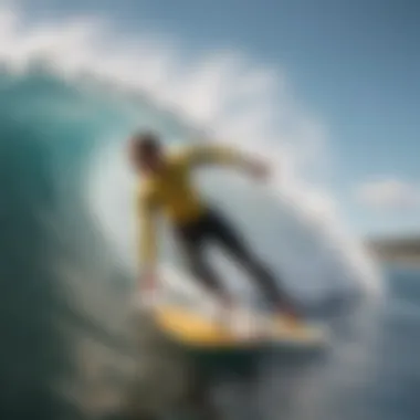 An extreme sports athlete surfing a massive wave