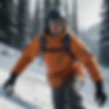 Snowboarder navigating through snowy terrain wearing waterproof gear