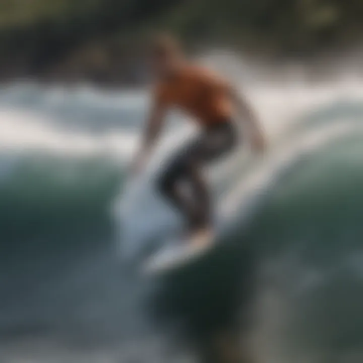 An action shot of a surfer utilizing a specific fin design in diverse water conditions.