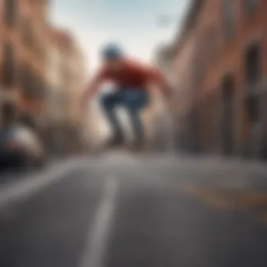 Rider Balancing on One-Wheel Skateboard An action shot of a rider skillfully balancing on a one-wheel skateboard in an urban environment.