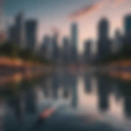 A vibrant city skyline reflected in calm water, showcasing the integration of urban life and paddle sports.