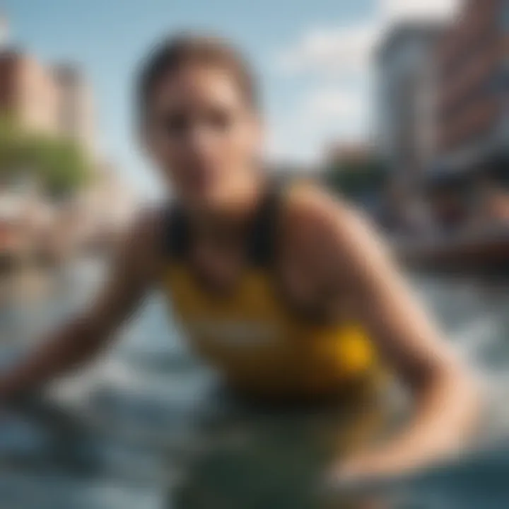 A diverse group of paddlers enjoying their time on the water, symbolizing community and engagement in urban paddle sports.