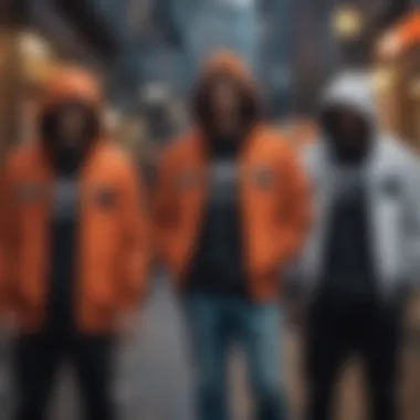 A vibrant street scene featuring individuals in Demon Slayer hoodies participating in urban sports.