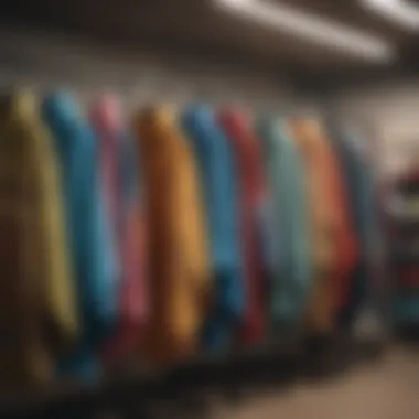 Variety of Surfing Poncho Styles An array of colorful surfing ponchos hanging on a rack, illustrating the variety of styles available.