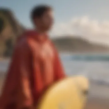 Surfer in Practical Use of Poncho A surfer wearing a poncho after a session, demonstrating its practicality in real-life use.