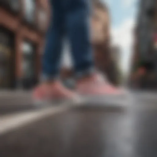 Vans checkerboard platform sneakers against a vibrant urban backdrop