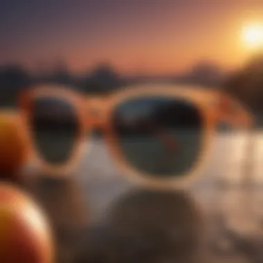 Different styles of peach sunglasses displayed on a vibrant background.