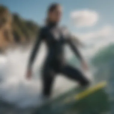 Tall woman wearing a fitted wetsuit while surfing