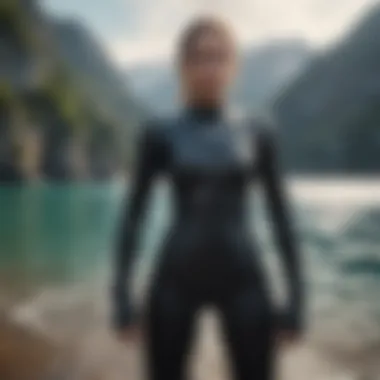 Tall woman checking her wetsuit fit before heading into the water