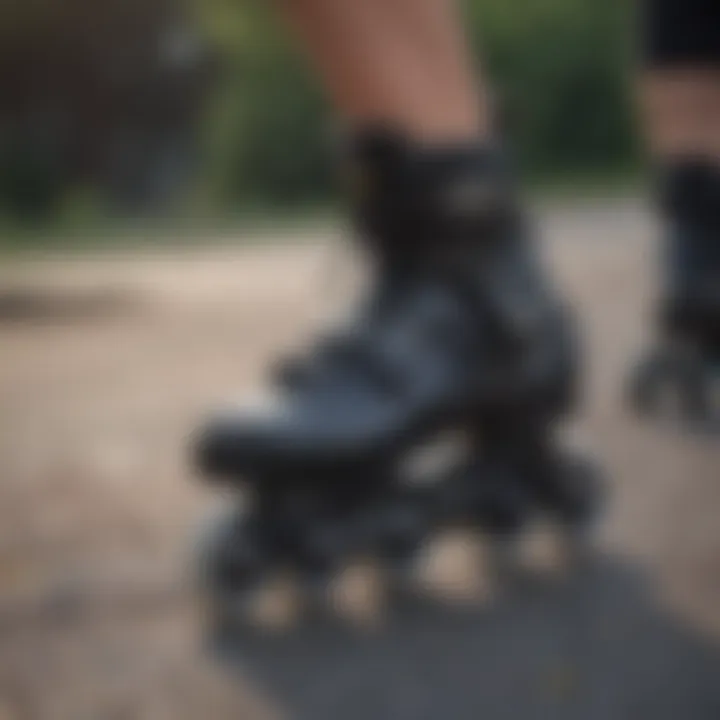 Close-up of rollerblade fitting process