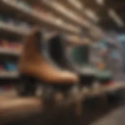 A variety of roller skates displayed on shelves