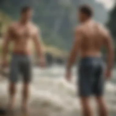 Outdoor adventure scene featuring athletes in board shorts