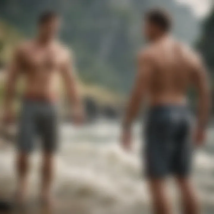 Outdoor adventure scene featuring athletes in board shorts