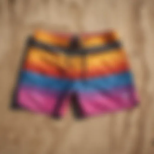 Vibrant board shorts displayed on a beach