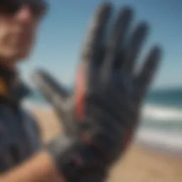 Close-up view of high-performance windsurf gloves showcasing advanced materials and design.