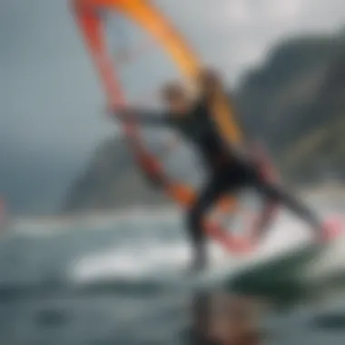 Windsurfer in action, utilizing gloves to enhance grip and performance on the water.