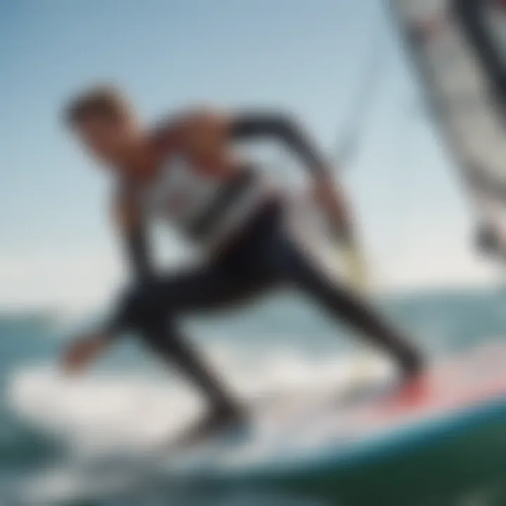 A windsurfer executing a maneuver with a focus on the harness line's role in achieving balance and control.