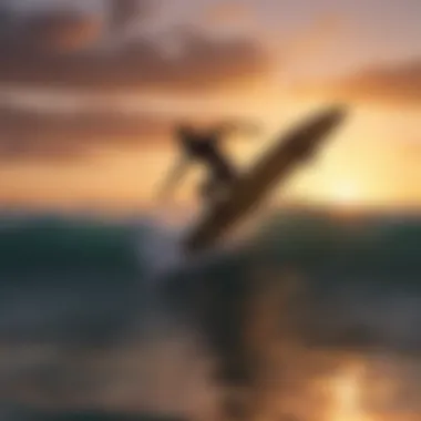 A stunning sunset backdrop with a wing foil surfer in motion, emphasizing the beauty of the sport.