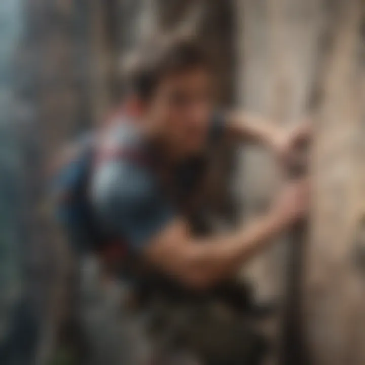 A close-up shot of a rock climber gripping a challenging cliff face